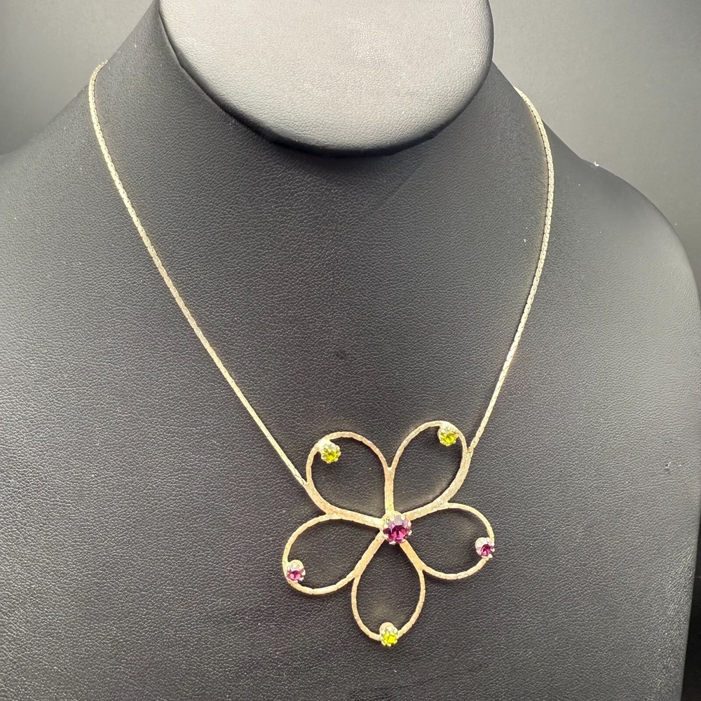 💐 Vintage Mexican Silver Flower Necklace w/ Gemstones‎ – 14" Chain, 2" Pendant